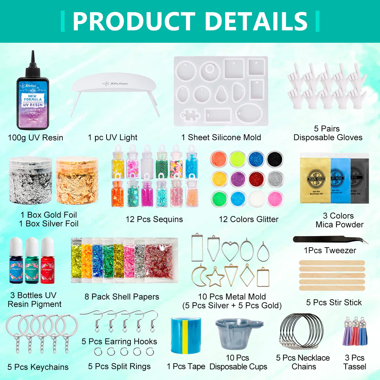 JDiction New UV Resin Kit with Light, Crystal Clear Hard Resin Sunlight Curing UV Resin Beginner Kit for Jewelry, Doming, Coating, and Casting, DIY Craft