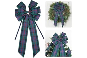 AIMUDI Christmas Tree Bows 10×20'' Green and Navy Blue Plaid Bows for Gift Wrapping Wreath Bows with Wire Edge Premade Gift Bows for Craft Present Indoor Holiday Door Christmas Decorations, 2 PCs