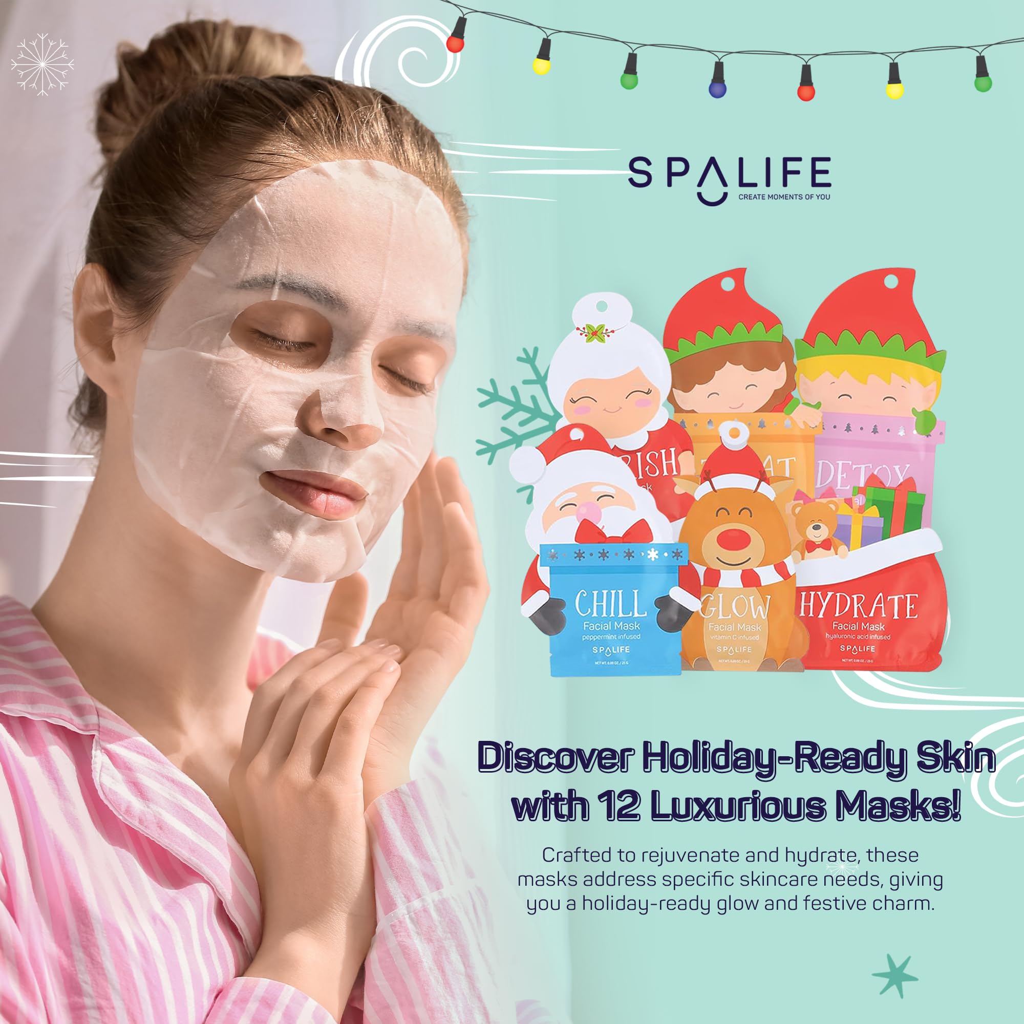 SpaLife Santa's Squad Hydrating Facial Masks - 12 Pack for Moisturizing and Soothing Beauty - Skincare Set for Radiant Skin