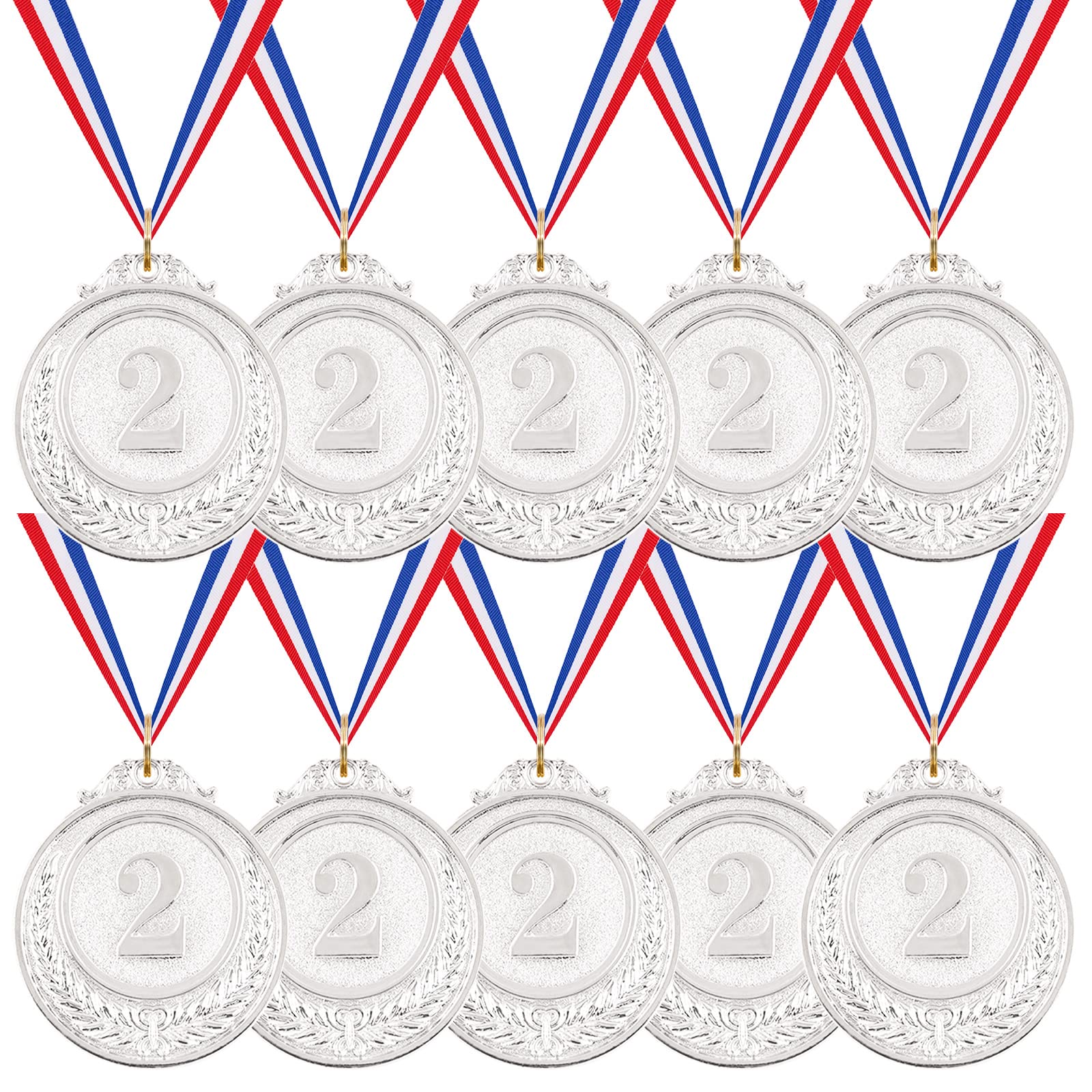 Swpeet Metal Gold Silver Bronze Award Medals with Ribbon, Olympic Style Winner Medals for Kids Children's Events, Classrooms, Office Games and Sports - 1st 2nd 3rd Place (Silver Medal-10Pcs)