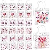 24Pcs Valentines Day Gift Bags Bulk Clear Plastic Gift Bags with Handle PVC Treat Goodie Bags for Valentine Galentines Day Wedding Anniversary Birthday Party Favor, 6 Styles 7.87 x 7.87 x 3.14"