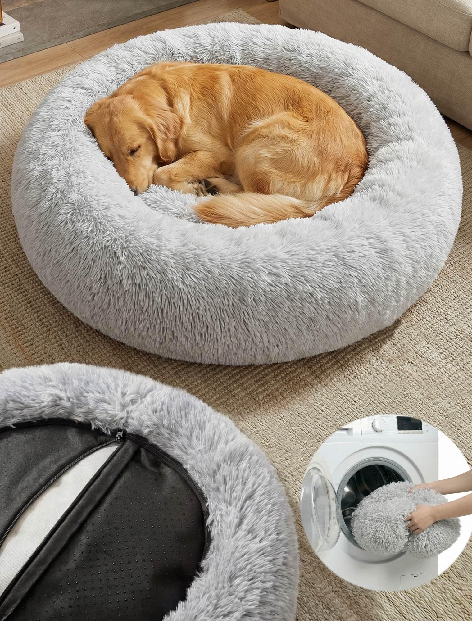 Moistu xl Dog Bed with Removable Cover - 80cm Nest Washable Donut Cat Dog Bed with Zip, Durable for 50+ Wash Cycles, Anti Anxiety Calming Fluffy Orthopedic Pet Beds, Non-slip Waterproof