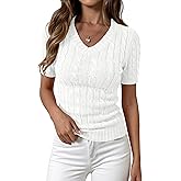 PRETTYGARDEN Womens Summer Short Sleeve Sweater Cable Knit V Neck Sweaters Shirts Fitted Work Tops Business Casual Outfits