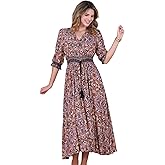 Allegra K Women's Boho Floral Maxi Dress Half Puff Sleeve V Neck Smocked Waist Summer Beach Flowy Dresses