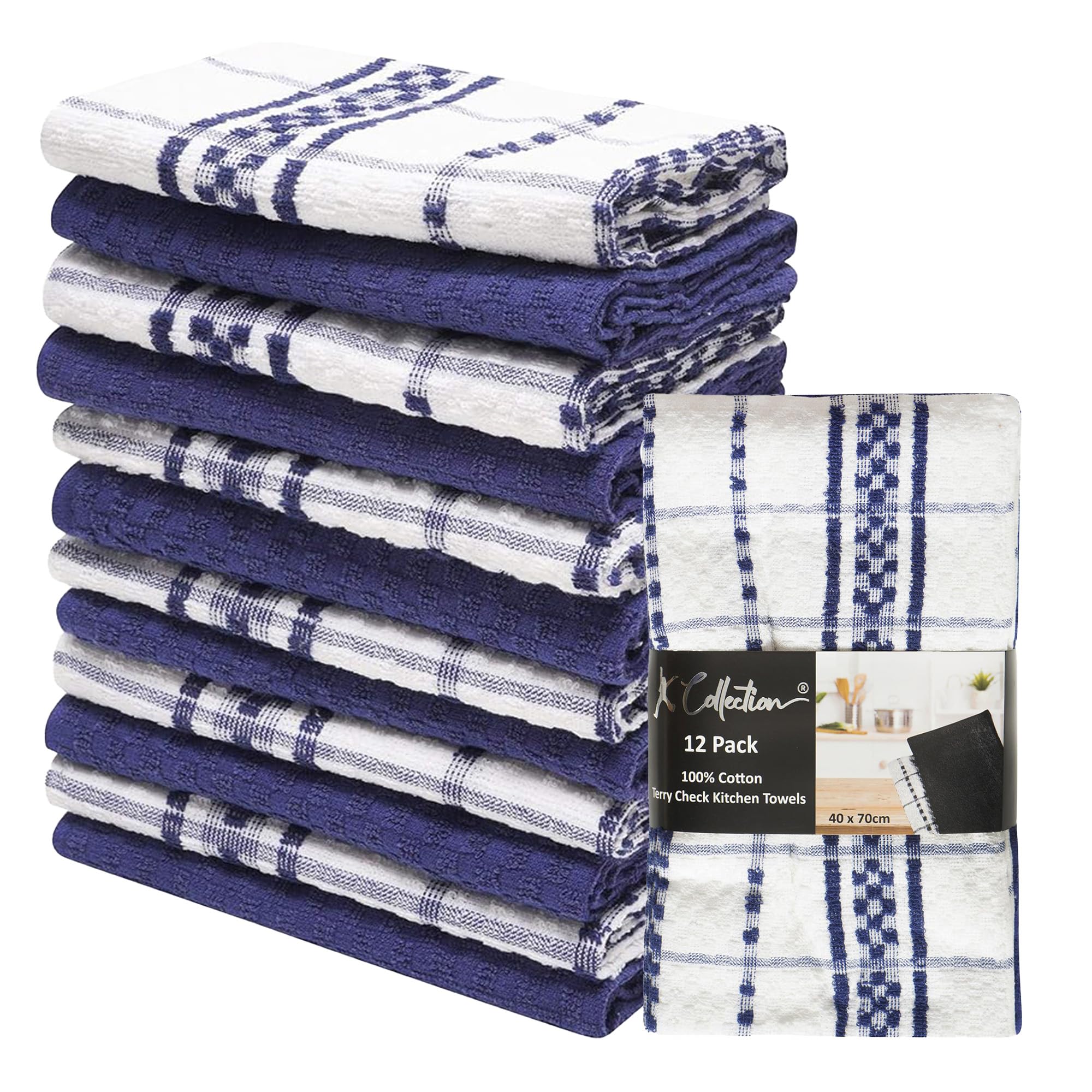 K Collection 12 Pack Check Kitchen Towels - 40 x 70 cm, Navy and White - 100% Ring Spun Cotton (285GSM) Super Soft and Absorbent