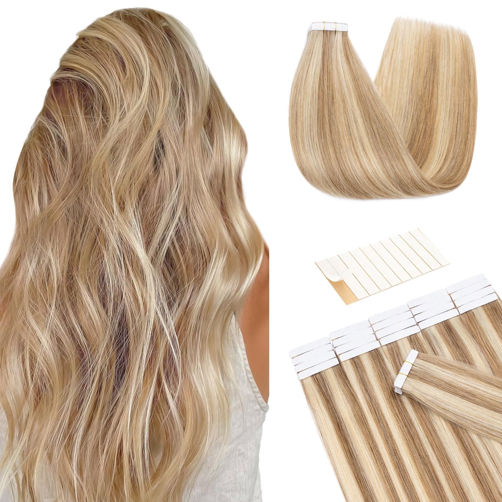 TESS Tape in Hair Extensions Human Hair 10 PCS #12P613 Golden Brown & Bleach Blonde - 14 Inch Seamless Invisible Real Hair Extension Straight 20g