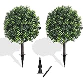 LXNRMHCH 27.2" Artificial Boxwood Topiary Set of 2 with Spike, Fake Plants Boxwood Balls Greenery Bushes, Uv Resistant Artificial Outdoor Plants Shrubs for Front Porch Decor, Home Faux Plants Indoor