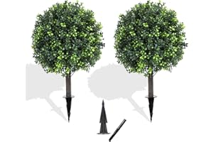 LXNRMHCH 27.2" Artificial Boxwood Topiary Set of 2 with Spike, Fake Plants Boxwood Balls Greenery Bushes, Uv Resistant Artificial Outdoor Plants Shrubs for Front Porch Decor, Home Faux Plants Indoor
