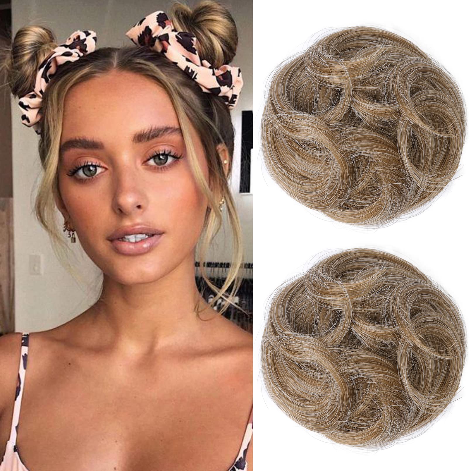 REECHO Space Bun Hair Pieces, 2 PCS Mini Claw Clip in Messy & Cat Ears Fake Hair Bun Extensions Wig Accessory Updo Hairpieces for Women Girls (Pack of 2-3.5" Wavy, Dark Blonde)