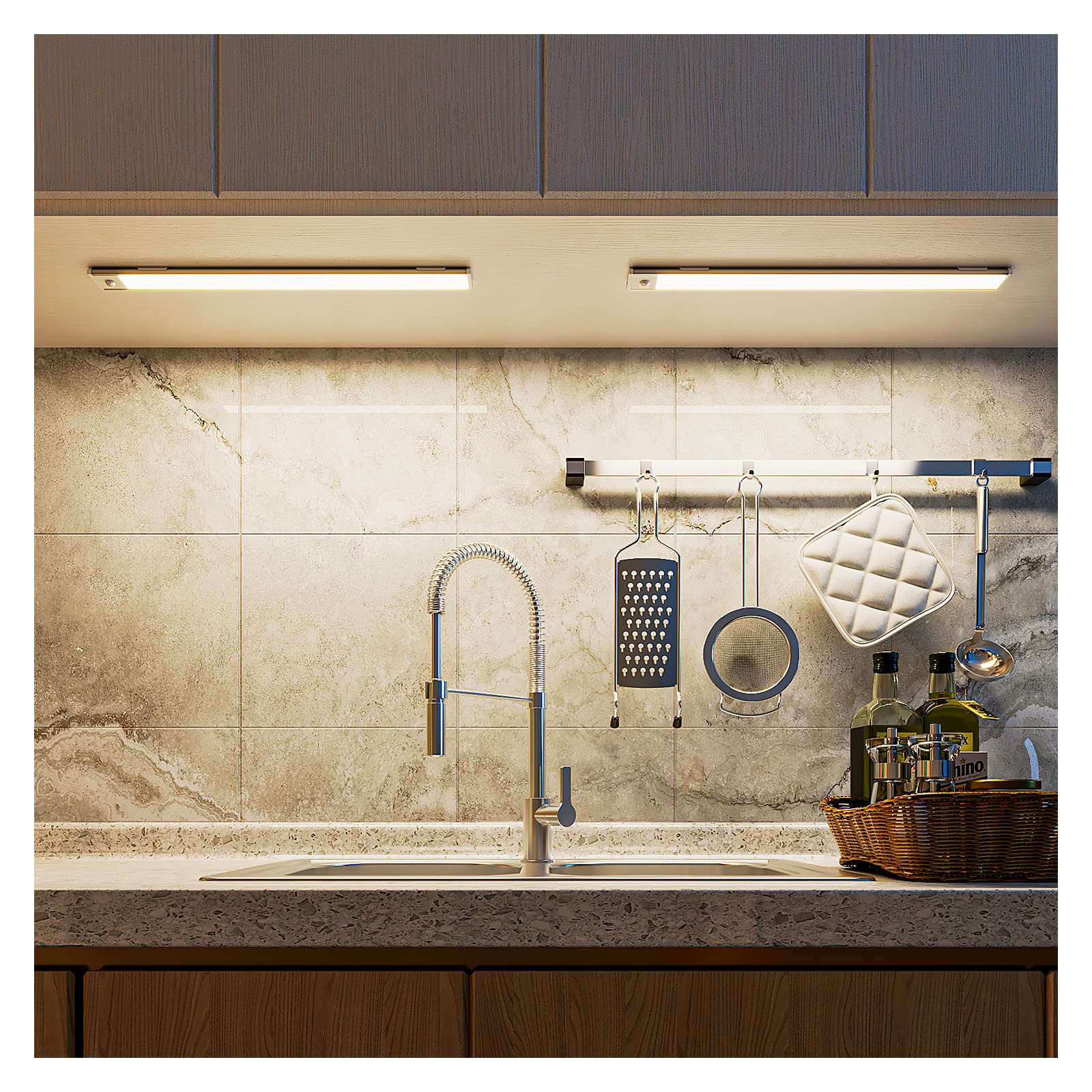 Under Cabinet Kitchen Lights 2 Pack, Rechargeable LED Motion Sensor Lights with 3 Level Brightness, Magnetic Stick Wireless Light for Shelf Stairs Wardrobe Closet, 40CM