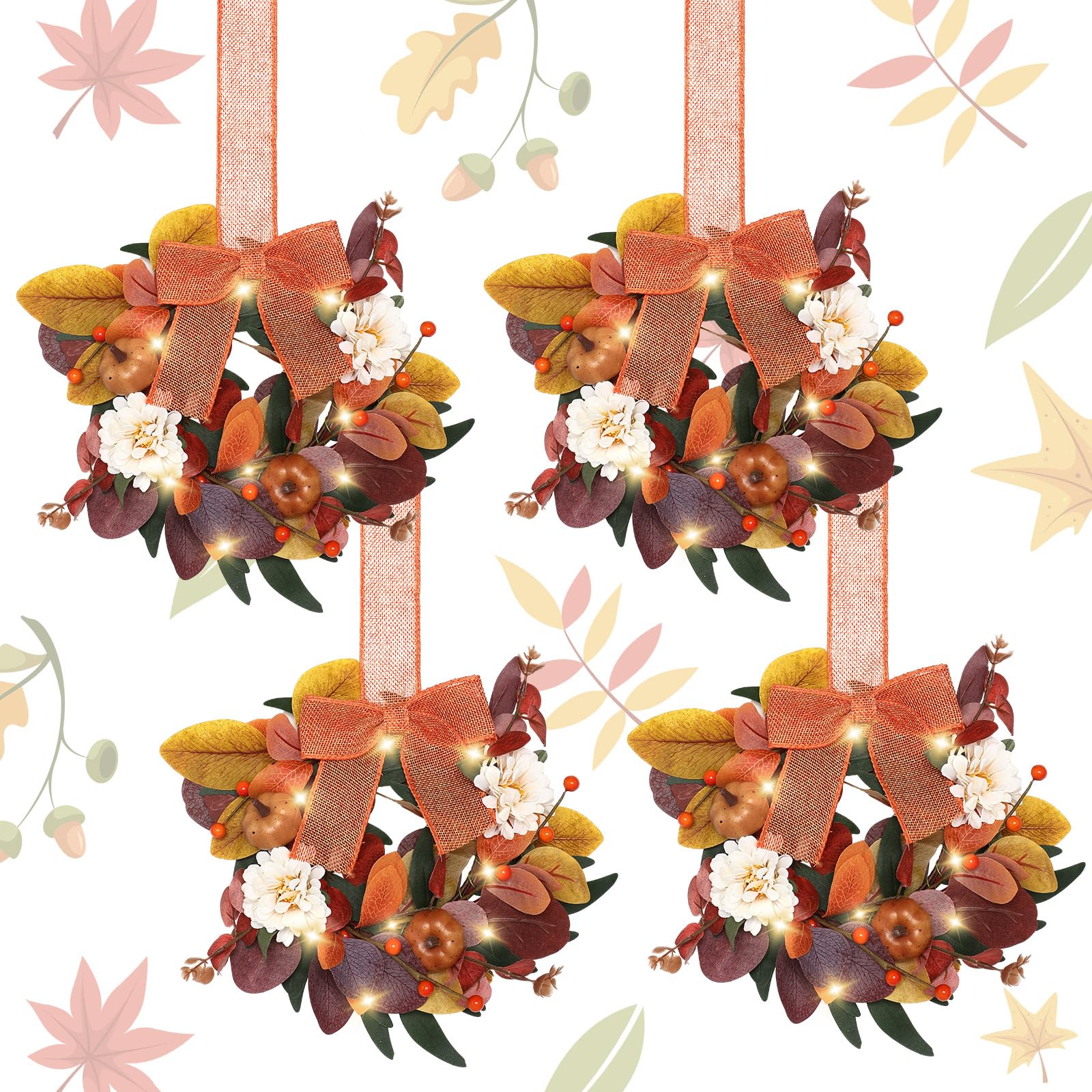 Photo 1 of Hoteam 4 Pcs Lighted Mini Fall Wreaths for Cabinet 9 Inch Autumn Dahlia Maple Leaf Wreath with Orange Bow Small Thanksgiving Wreath for Cabinet Wedding Window Home Wall Indoor Decor