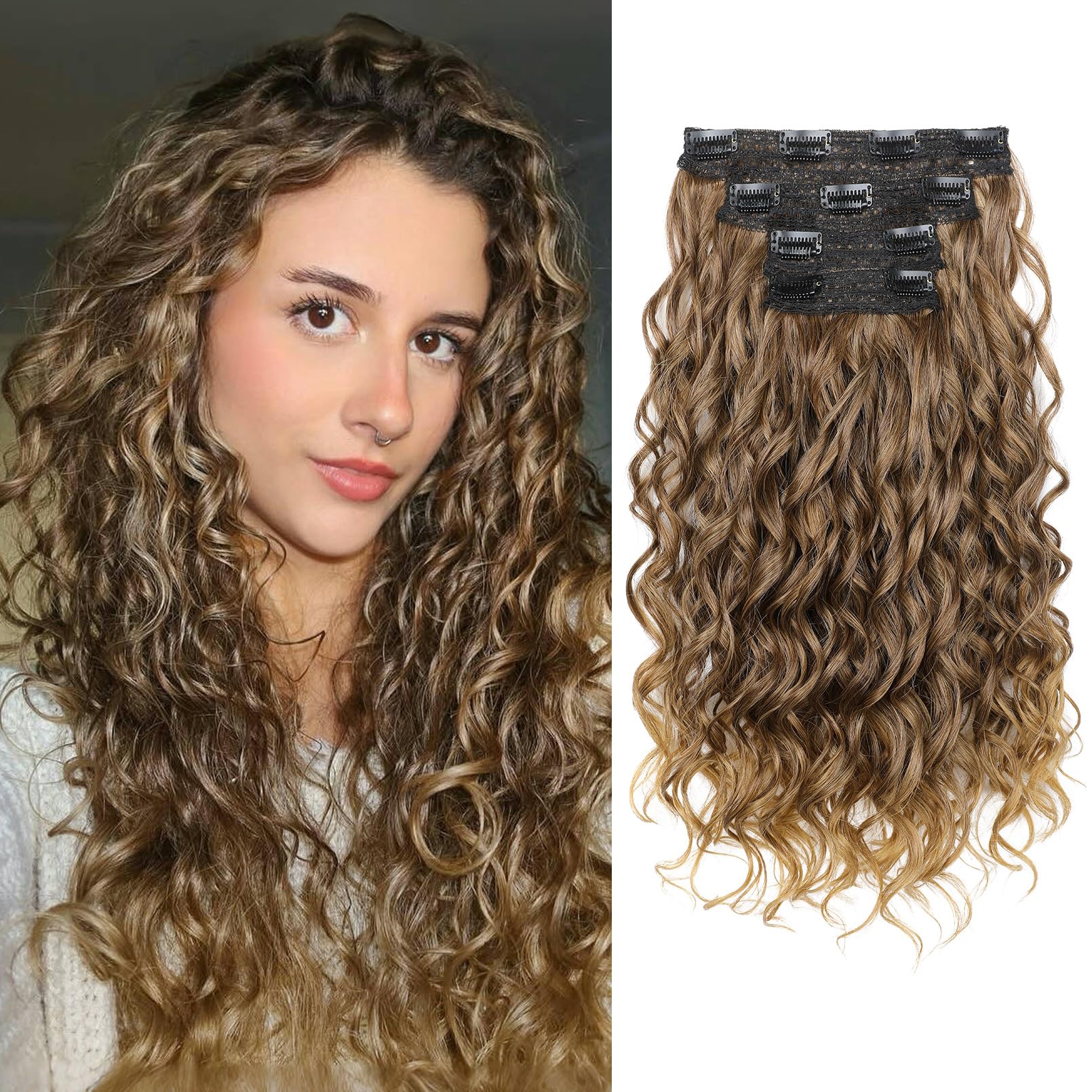 Photo 1 of REECHO Curly Hair Extensions, 4PCS 16 inch Clip in Hair Extensions Lace Weft Short Curly Extension Clip Ins Invisible Natural Hairpieces for Women, Dark Brown to Light Brown