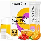 REACTONZ 5 in 1 Immunity Plus – Immune Support & Antioxidant Supplement – Vitamin C, Zinc, Manuka Honey, Rosehip & Propolis – Natural Zesty Orange Flavor – 60 Day Supply Effervescent Tablets