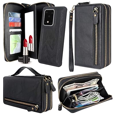 Harryshell Multi Zipper Detachable Magnetic Wallet Case Clutch Purse with Card Slots Mirror Handstrap for Samsung Galaxy S20 Ultra 6.9 inch (Black)