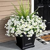 Hrobek Artificial Flowers for Outdoors Faux Plants Outside Indoor,UV Resistant Silk Fake Morning Glory Tall Ferns for Home Patio Garden Back Yard Front Porch Decor Spring Summer(13 Bunches,White)