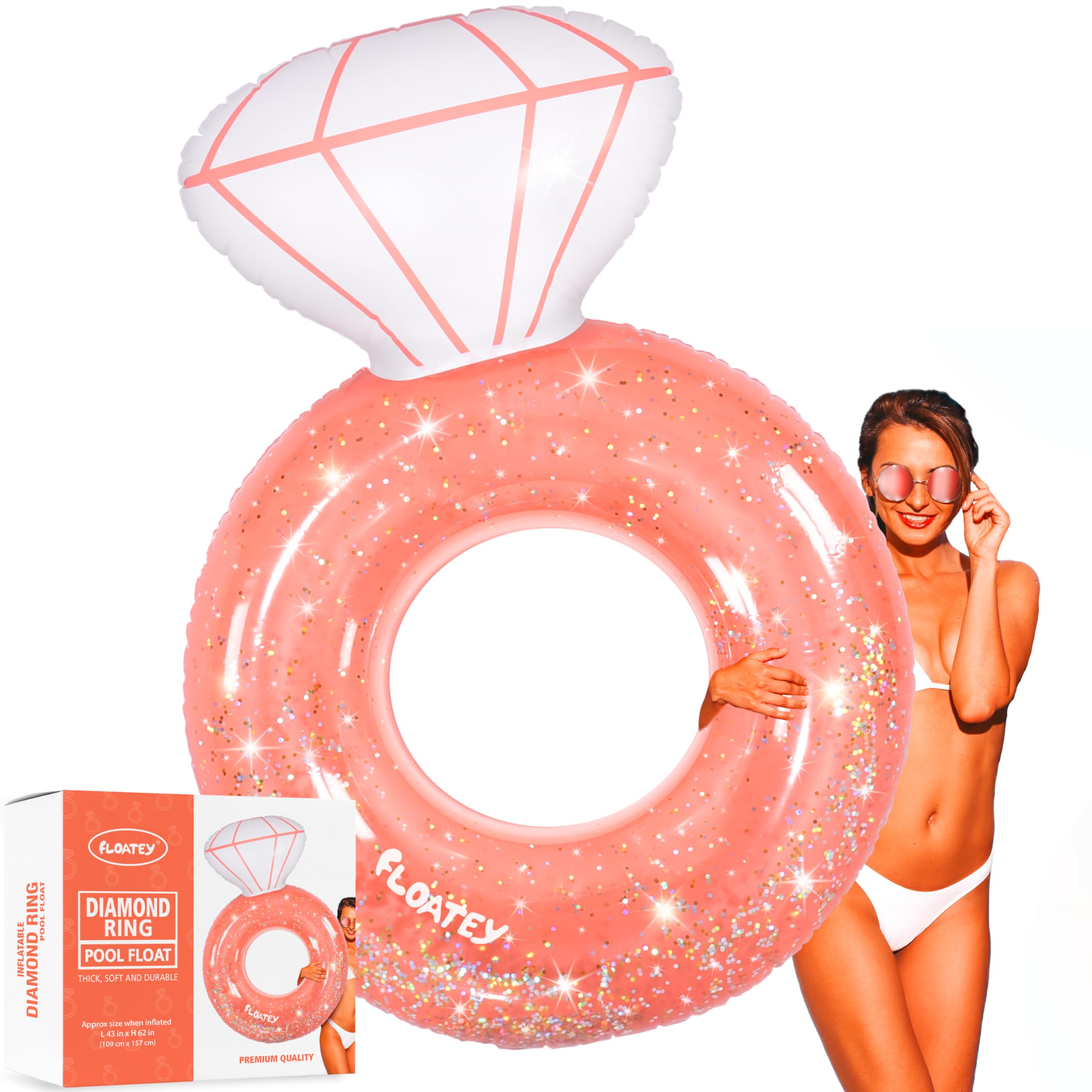 Photo 1 of Floatey Bachelorette Party Decorations - XtraLarge Diamond Ring Pool Float | Shiny Glitter Conffetti Inside | Bachelorette Pool Floats for Bride, Ring Floatie Bachelorette Party Accessories, Rose Gold