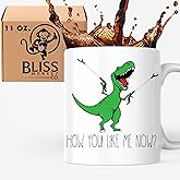 Bliss Monkey Co. How You Like Me Now? Hilarious T-Rex Dinosaur Coffee Mug with Grab Extenders - Printed On Both Sides - Microwave and Dishwasher Safe - 11 Ounce Novelty Coffee Cup