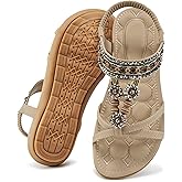 Alicegana Womens Sandals Dressy Summer: Comfortable Bohemian Flats Elastic Ankle Strap Walking Beach Shoes