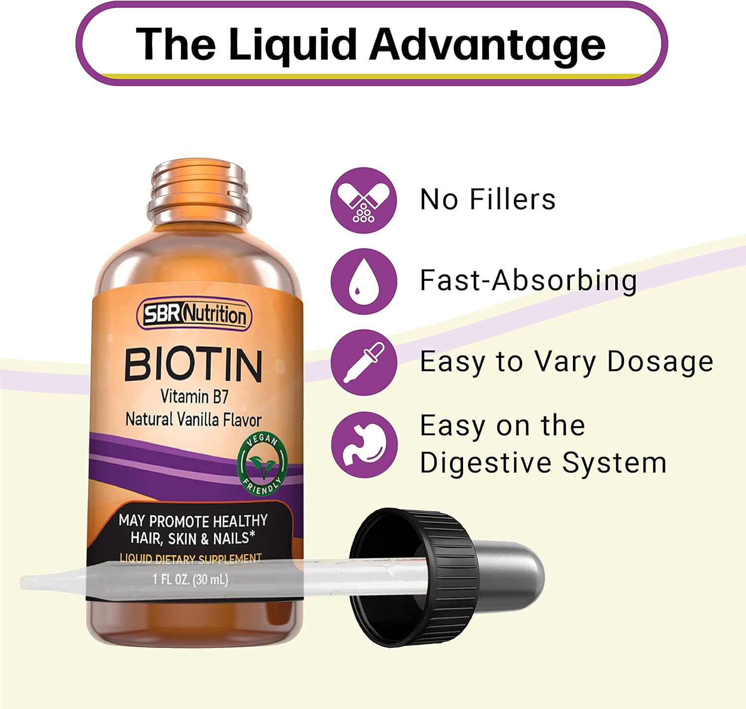 SBR Nutrition Biotin Liquid Drops, 5000mcg per Serving (60) 1.0Fl.oz (30ml) Vanilla: Health & Personal Care