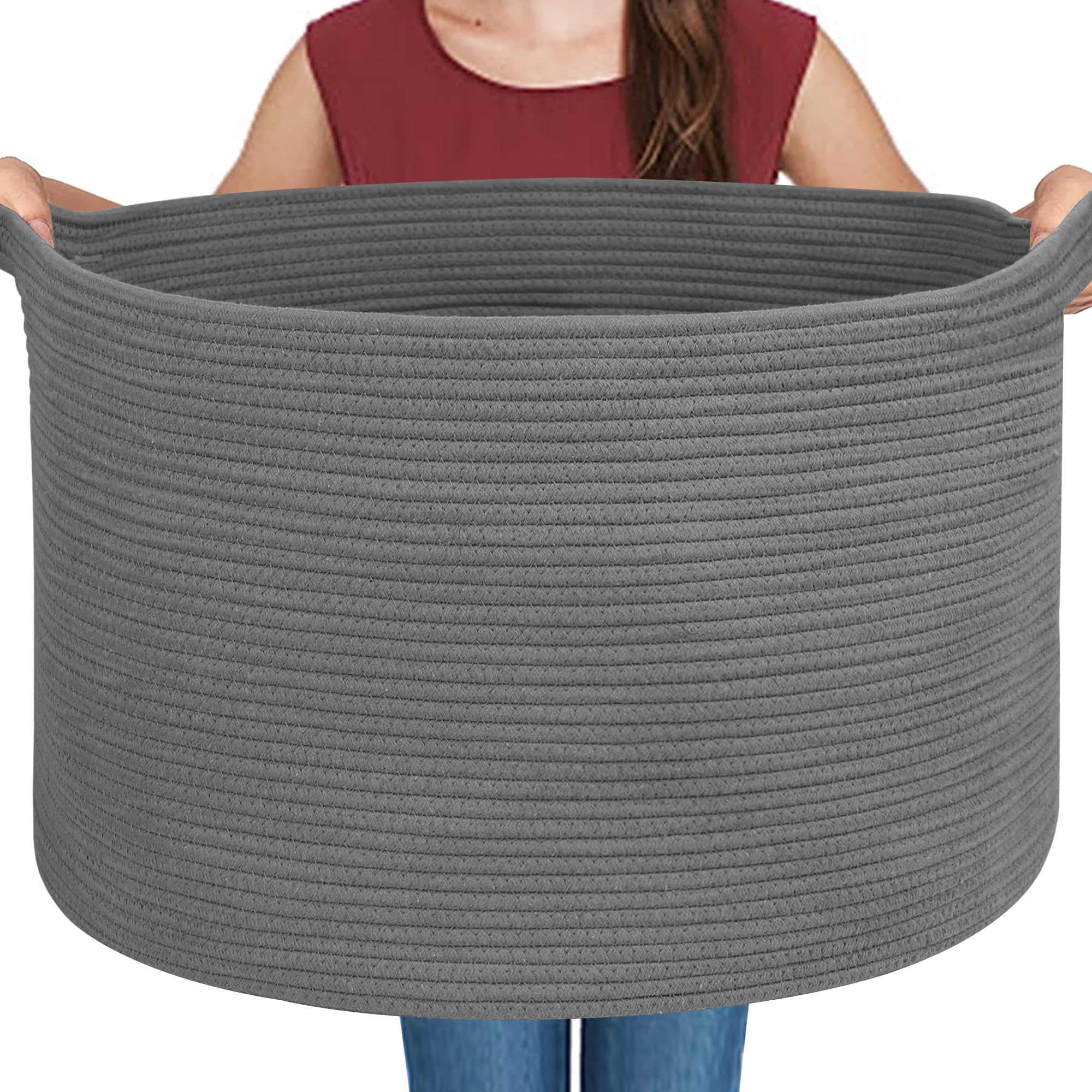 Photo 1 of MEGASKET Large Dark Grey Storage Basket, Woven Cotton Rope Baskets for Storage, Big Blanket Organizer Storage Basket for Living Room, Kids Room Toy Storage Organizer Box, Blanket Keeper (22"x14")
