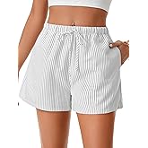 LYANER Women's Striped Print Elastic High Waist Drawstring Pockets Wide Leg Casual Shorts