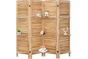 ECOMEX 4 Panel Room Divider with Shelves 5.6Ft Wood Room Divider Folding Screens Wooden Wall Dividers and Folding Privacy Screens Partition Wall Dividers for Bedroom Office, Natural