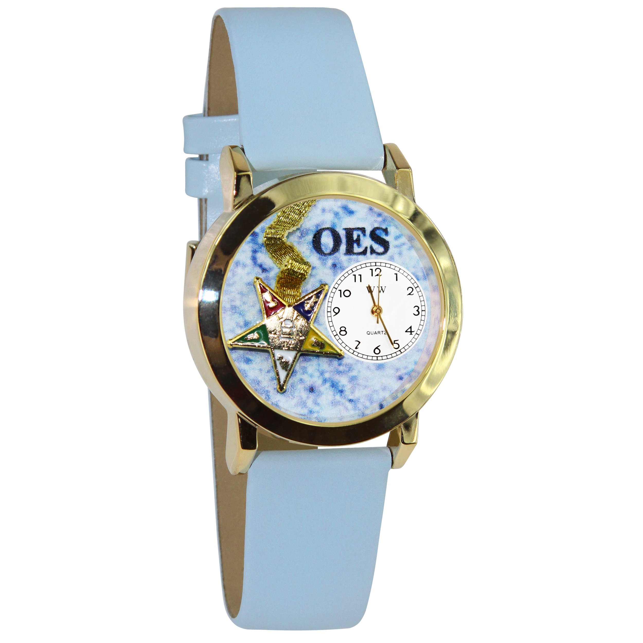 Whimsical Watches Order of the Eastern Star Baby Blue Leather and Goldtone Unisex Quartz Watch with White Dial Analogue Display and Multicolour Leather Strap C-0710008