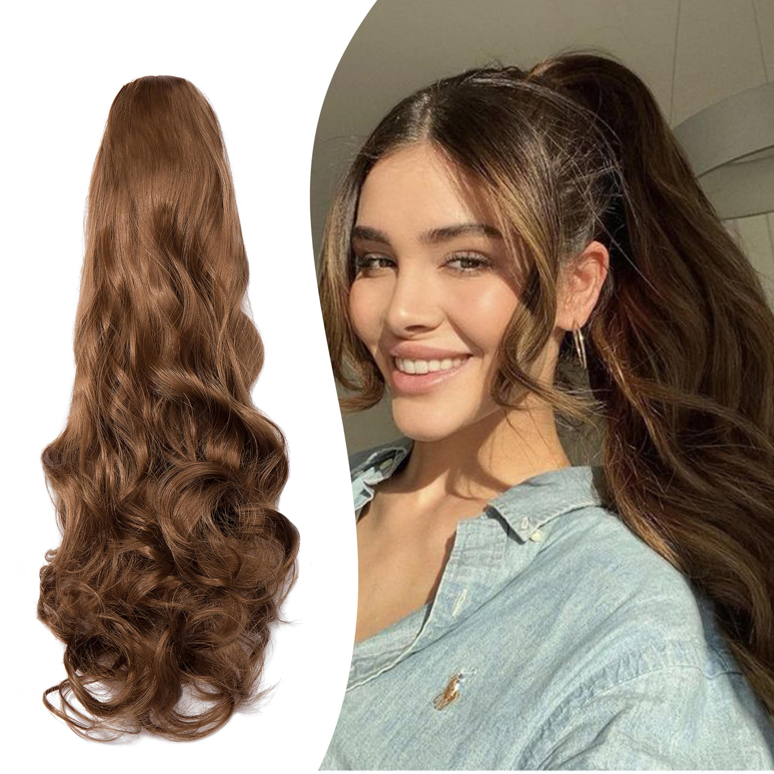 Gairyan 20inch Ponytail Extension Clip in Ponytail Hair Extensions Curly Wavy Pony Tails Claw on Ponytail Long Wave Synthetic Hairpieces for Women Soft Real Look (Golden Brown)