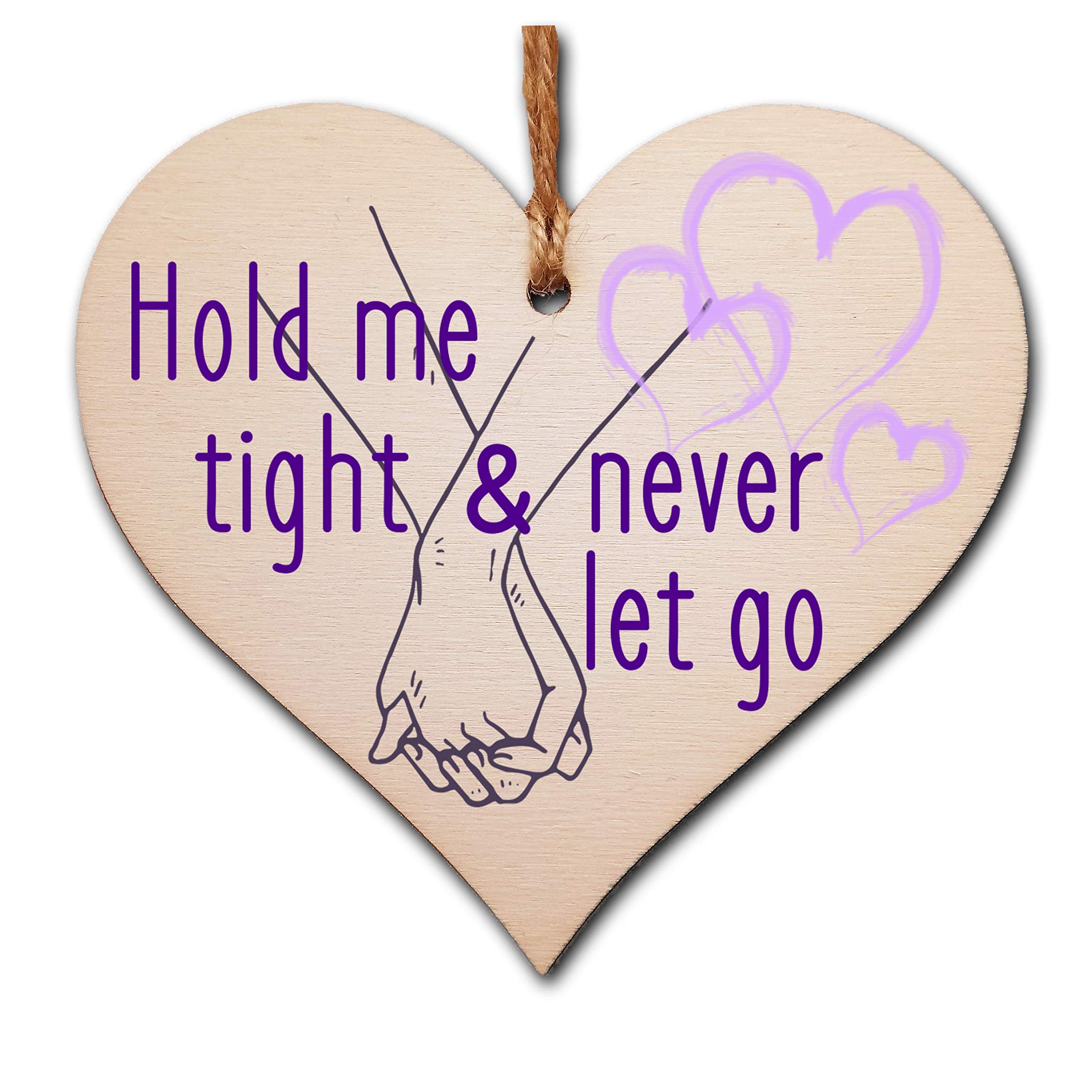 The Plum Penguin Handmade Wooden Hanging Heart Plaque Valentine's Gift Hold Me Tight and Never Let Go holding hands gift for someone special boyfriend girlfriend husband wife funny romantic keepsake