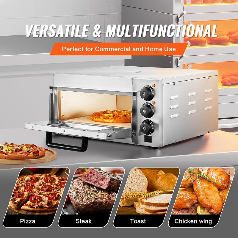 Four à Pizza Commercial Capacité 14 po, Four Électrique de Comptoir Simple Étage, en Acier Inoxydable, avec Pierre et Poignée, Machine à Pizza d'Intérieur Polyvalente pour Restaurant Maison
