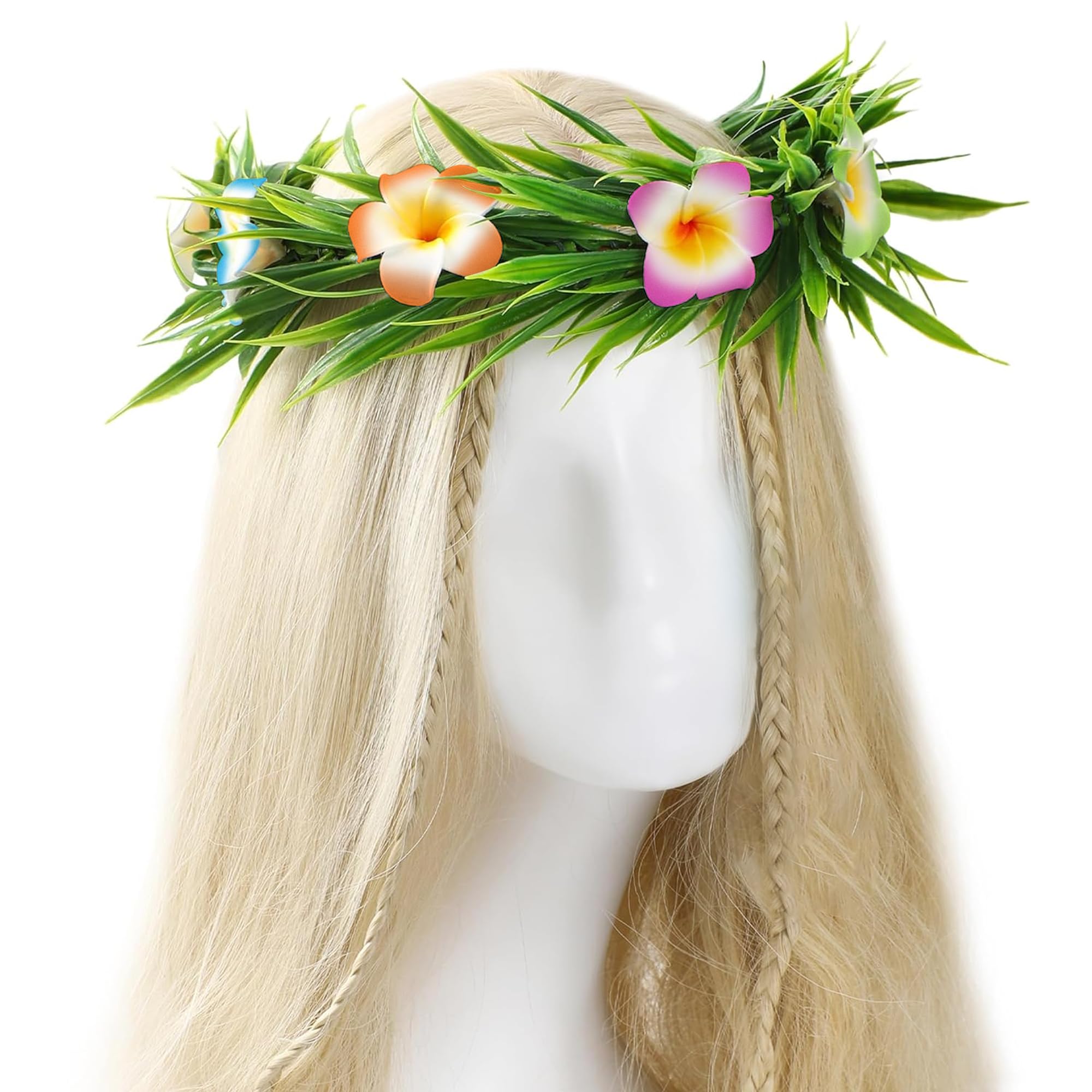 Photo 1 of KorViSHOW Hawaiian Flower Crown Headband - Hawaii Tropical Floral Headpiece Colorful Plumeria Hair Accessories Lei Luau Dress Up Accessory for Women Girls Summer Beach Pool Party Decorations Supplies