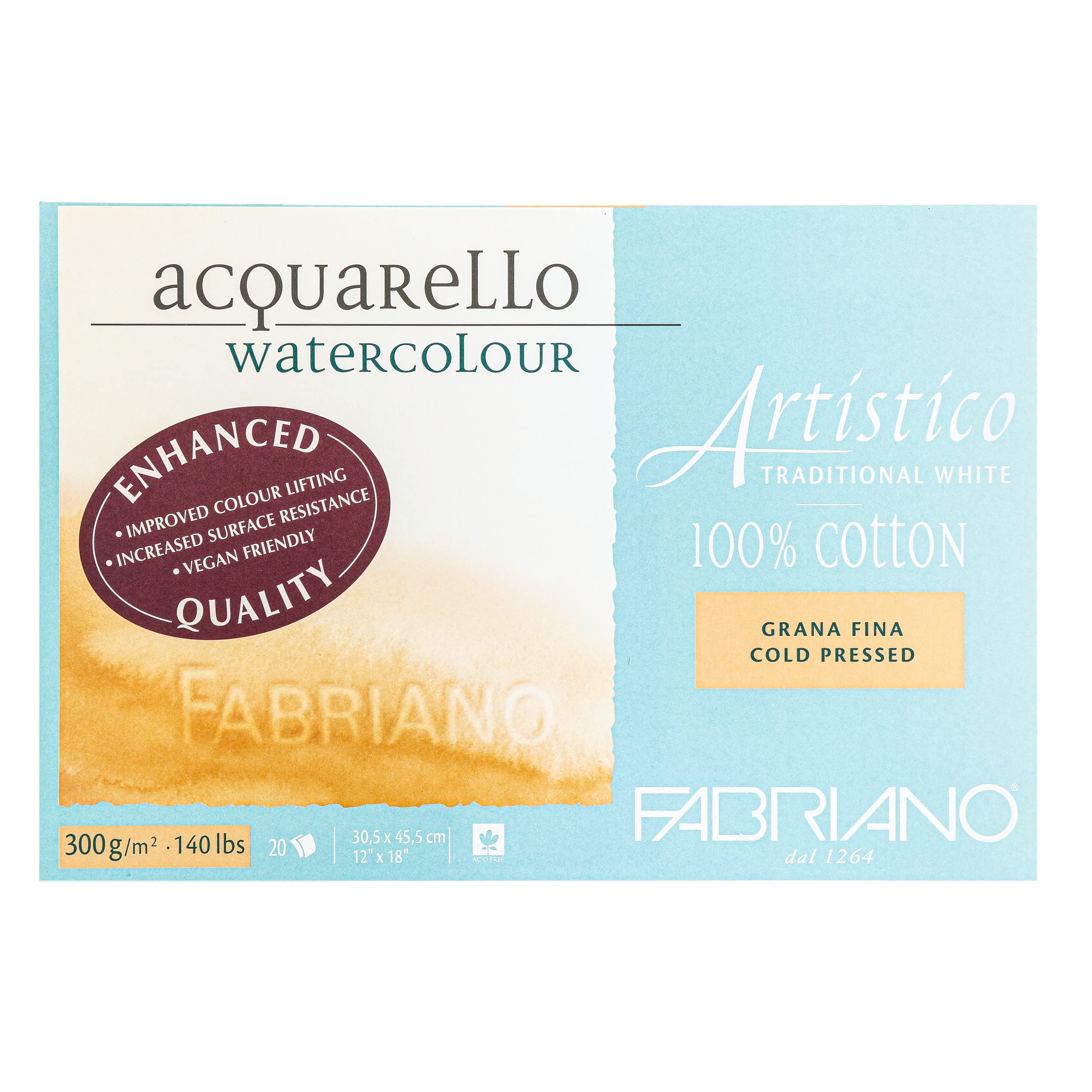 Fabriano Artistico Acquarello Watercolour, Natural White, Fine Grain Cold Pressed, 30.5 x 45.5 cm, 20 Sheets 300 g/m², High-Quality Artist Watercolour Cardboard, Glued on 4 Sides, Vegan