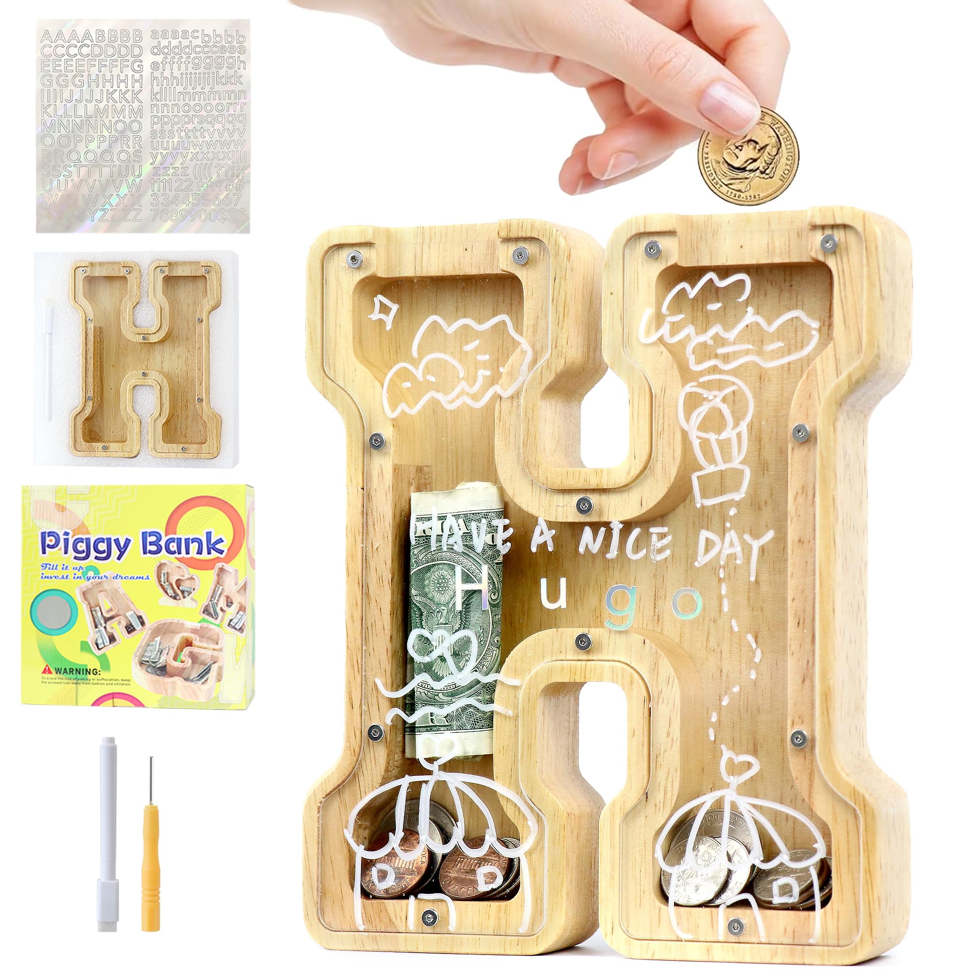 Mikytoper Money Box for Kids, Wooden Letter Piggy Banks for Kids, Personalized Money Box Clear Money Bank, Boys Girls Toddler Birthday Festival Gift (H)