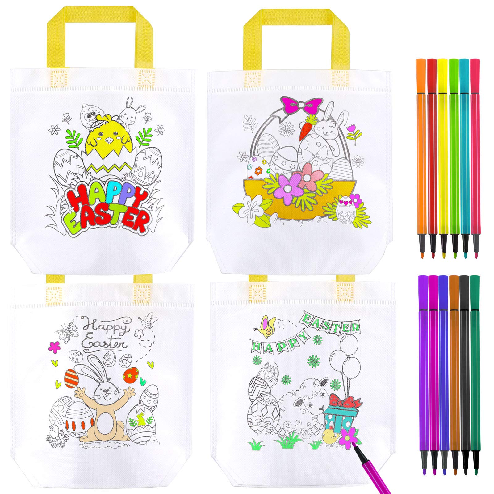 HOWAF 12pcs Design Your Own Easter Party Bag for Kids, Easter Bunny Egg Graffiti Party Bags to Colour & 12 Colouring Pens, Reusable Non-Woven DIY Easter Crafts Party Favors Gift Tote Bags with Handles