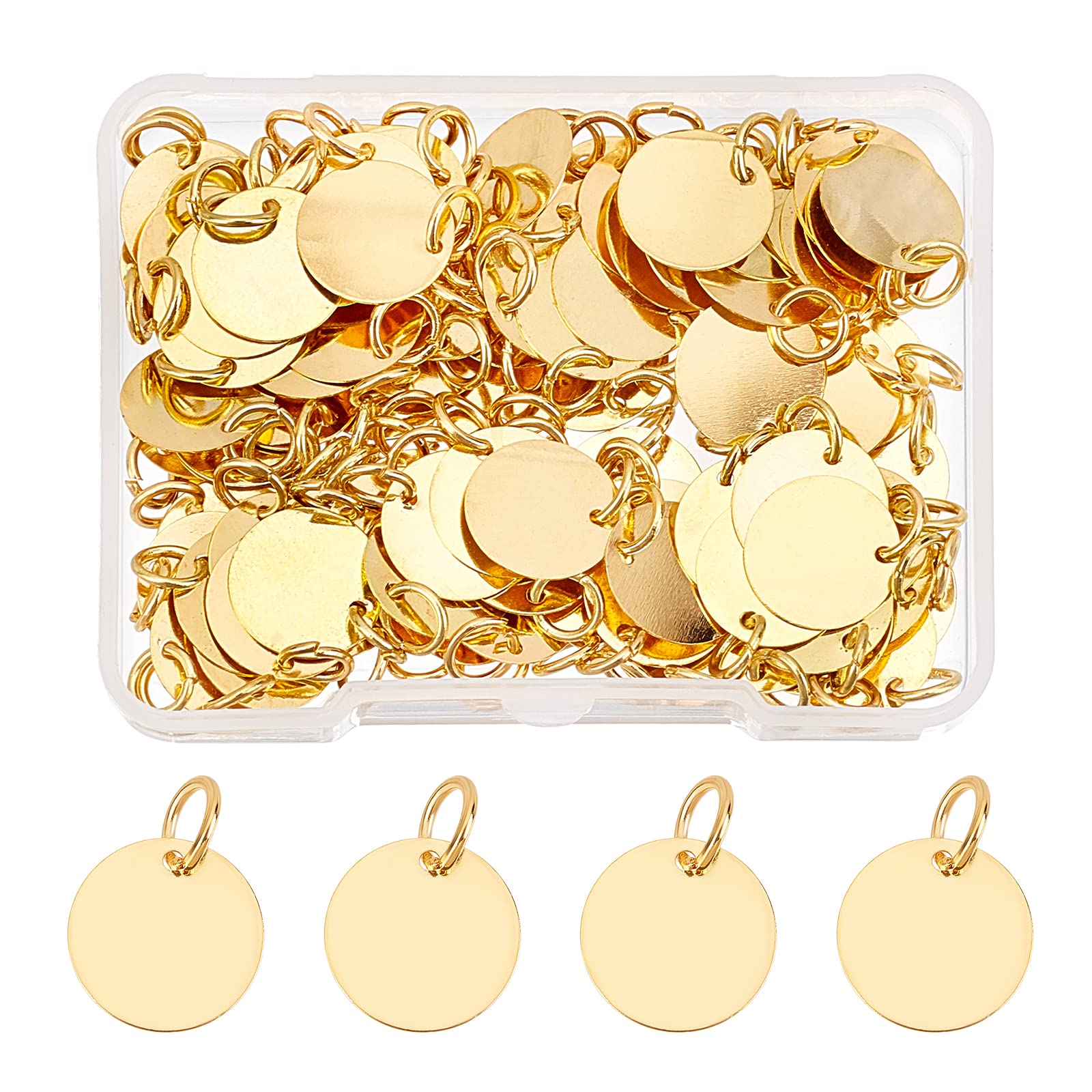 SUPERFINDINGS 100Pcs Brass Stamping Blank Tag Charms 12mm Flat Round Metal Stamps Tags Golden Blanks Pendants with Jump Ring for Bracelet Necklace Jewelry DIY Craft Making，Hole:4mm