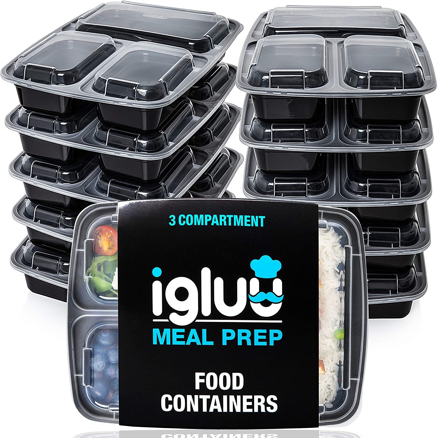Igluu Meal Prep Boxen mit Deckel (10er-Pack) - wiederverwendbar, mikrowellen-, gefrier-, spülmaschinengeeignet, stapelbar - 946ml Fassungsvermögen - 3 großes Fach - aus BPA-freiem Kunststoff