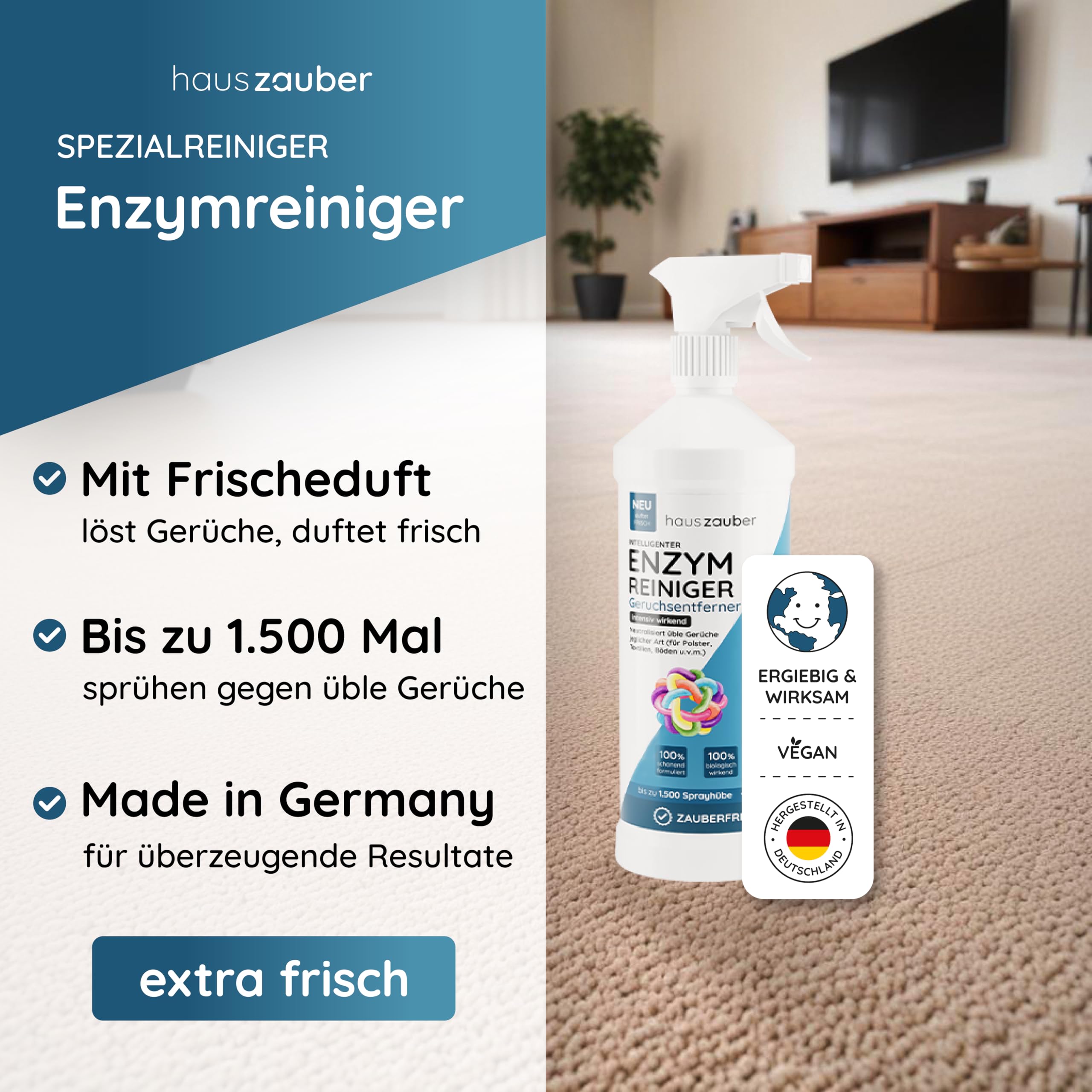 hauszauber - Enzymreiniger [STARKER GERUCHSENTFERNER] 1000 ml - Gegen Katzenurin, Hundeurin etc. - Üble Gerüche aus Sofa & Teppich entfernen - Geruchsneutralisierer - Zauberfrische 3