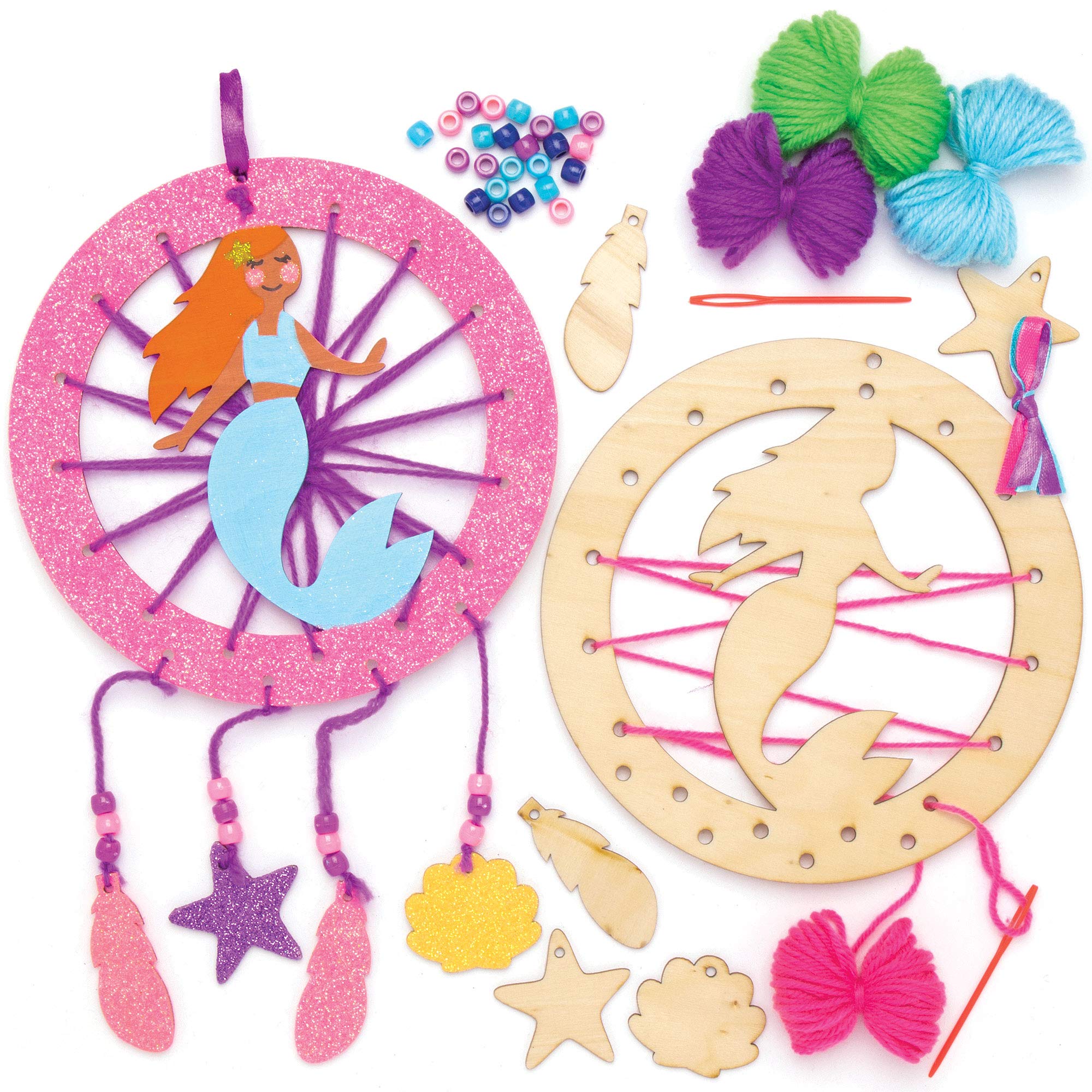 Baker Ross AT728 Mermaid Wooden Dreamcatcher Kits - Pack of 4, for Kids Arts and Crafts Projects