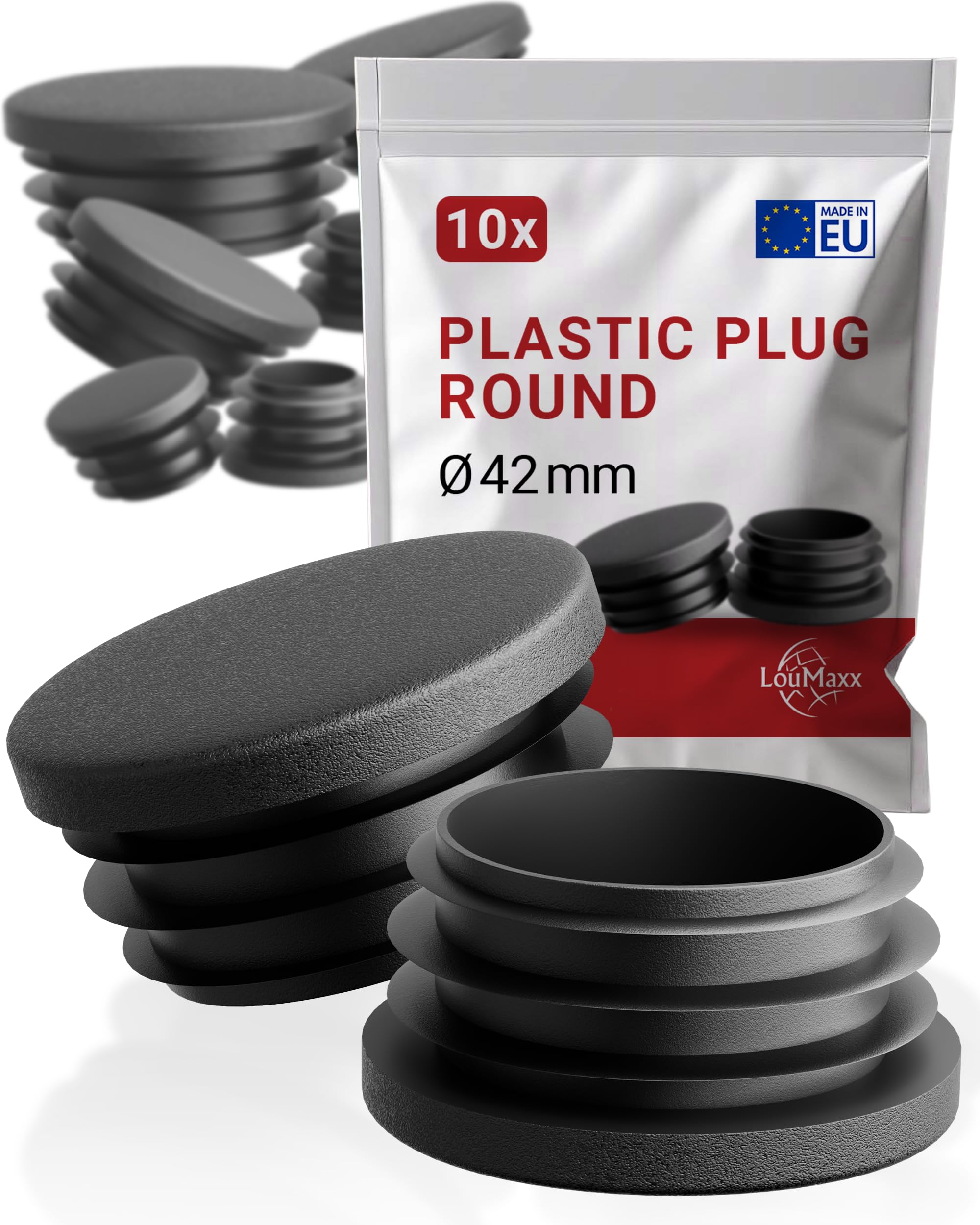 LouMaxx Lamellar Plugs Round 42 mm - Tube Cover Round Black Plugs for Pipe 42 mm - Round Pipe Plugs Made of Robust Plastic - Post Caps Also for Perfect Protection as Cover Cap Pack of 10