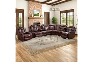 AYCP FURNITURE Power Recliner Sofa Sectional Sofa with LED Light for Living Room, Air Leather Reclining Corner Sectional Sofa Set, Cup Holder, Storage Console for Home Theater Seating (Burgundy, Sectional+Chair)