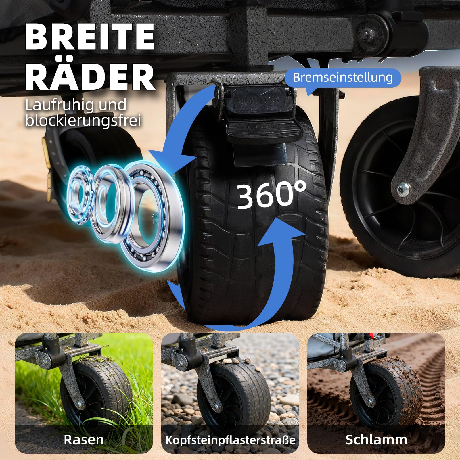 BUERTS Bollerwagen Faltbar – Tragkraft 272 kg, mit Bremsen, Getränkehalter, Verstellbarem Griff, All Terrain Rädern für Camping Outdoor Shopping, 600D Oxford-Gewebe, Schwarz 4
