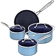 Nuwave 7pc Cookware Set Healthy Duralon Blue Ceramic Nonstick Coated, Diamond Infused Scratch-Resistant, PFAS Free, Oven Safe, Induction Ready & Evenly Heats, Tempered Glass Lids & Stay-Cool Handle