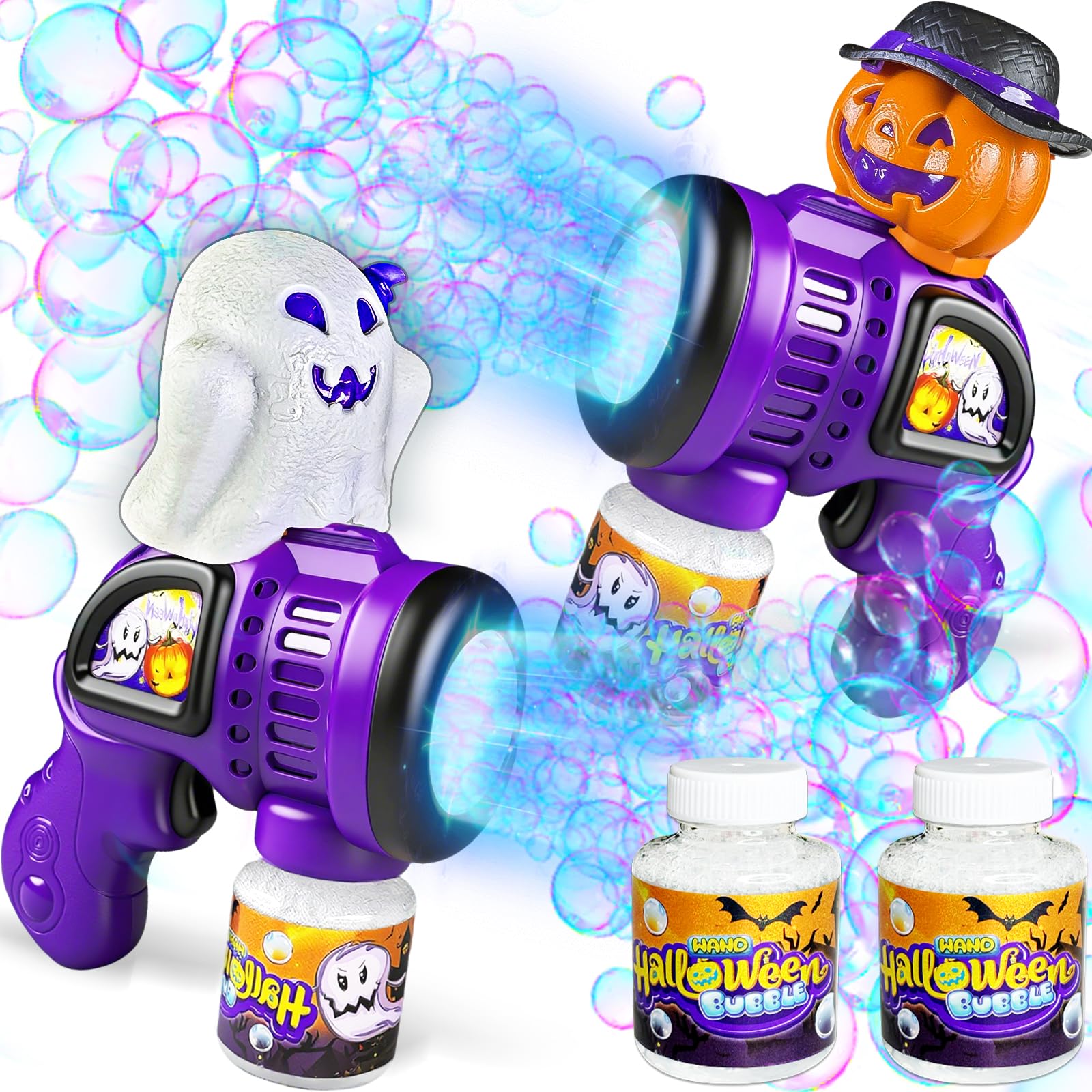 Photo 1 of 2 Pack Halloween Bubbles Guns Toys, Pumpkin & Ghost Light Up Automatic Bubble Gun Machine Toy Bulk with LED Lights for Halloween Goodies Bag Fillers Party Favors Trick or Treat Gifts, Classroom Prizes