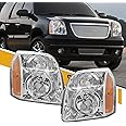 CLERYYE Headlight Pair Assembly Compatible with GMC Yukon/Yukon XL 1500 2500 2007-2014, Factory-OE-Style Head Lamp Replaces 15861026 15861025, w/o bulb, Chrome+Amber, Left and Right Side