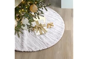 USILAND Christmas Tree Skirt, 32 Inches, White Faux Fur with Sliver Hot Stamping Stripes, for Xmas Holiday Decorations Christmas Home Decor