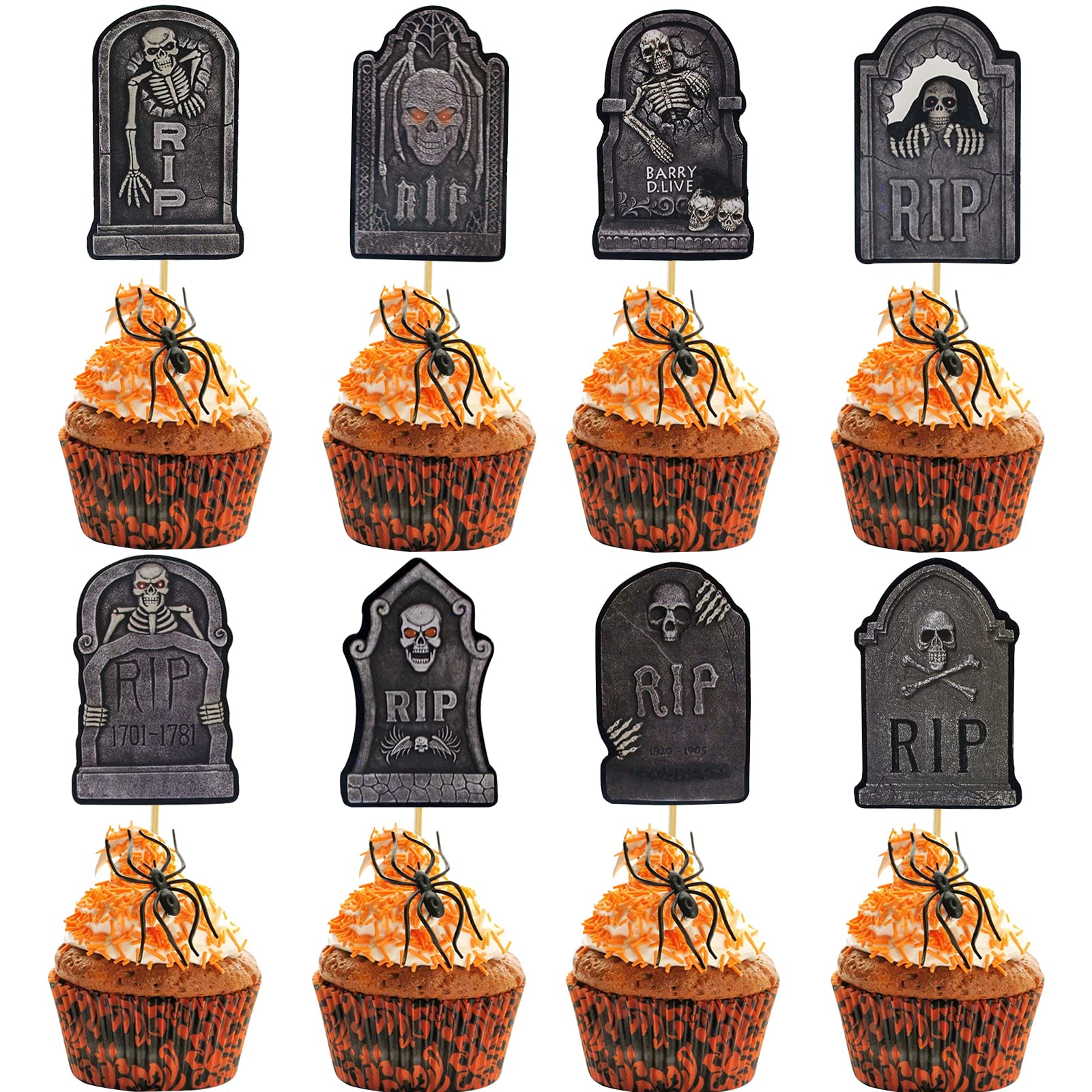 Morofme Tombstones Cupcake Toppers 24pcs, Halloween Cupcake Toppers with Gravestone Featuring 3 Style Terrifying Skull Pattern, Scary halloween Cake Decoration for Halloween Horror Party