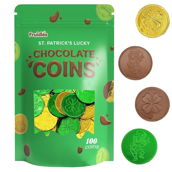 ST. PATRICK’S DAY MILK CHOCOLATE GREEN & GOLD COIN, 100 COINS, SHAMROCK & LEPRECHAUN THEMED COINS, PARTIES, EVENTS AND CELEBRATIONS, PERFECT FOR GIFT BAGS AND FESTIVE DECORATIONS, 4.5G MILK CHOCOLATE COIN