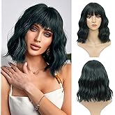 Black Green Wig with Bangs for Women Short Wavy Bob Wig Cosplay Wig Synthetic Wigs Halloween Wigs