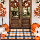 Breling Fall Plaid Door Mat Outdoor Porch Entry, Plaid, Blue and Orange | 28 x 43 Inch Farmhouse Rug, Blue Orange Plaid Doormat, Autumn Halloween Thanksgiving Decor, Front Entrance Carpet
