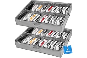 INAYA Under Bed Shoe Storage Organizer Set of 2, Fits 32 Pairs, Underbed Shoe Box Storage Containers Adjustable Dividers w/Bottom Support, Clear Foldable Shoes Storage w/Reinforced Handles